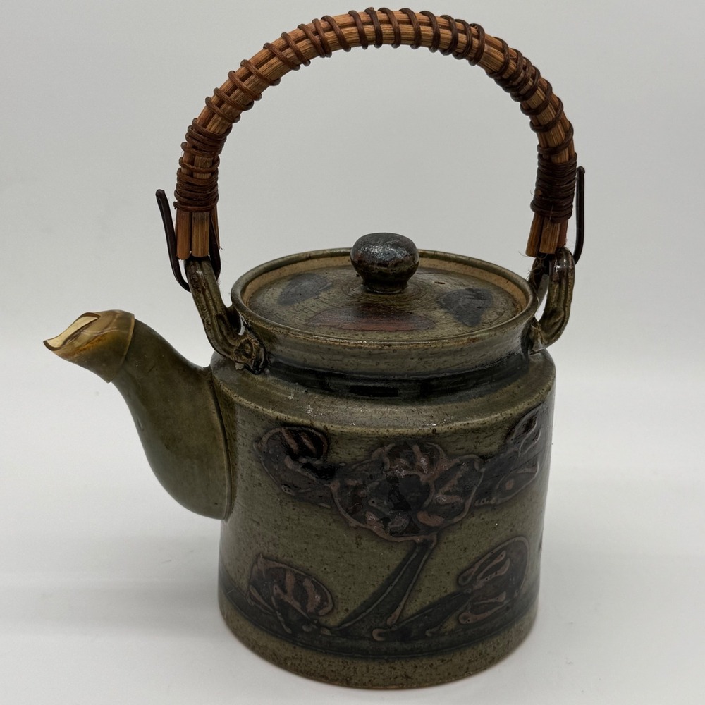 Vintage Japanese Studio Pottery Teapot 3 Cup Set Wabi Sabi Reed Cane Handle - Picture 2 of 12